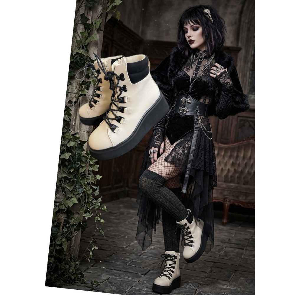 Rocket Dog Cream Black Platform Combat Boots Side Zip Wedge Ankle Boot C430 US 7